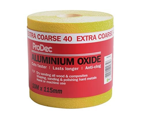 Image of ProDec 10m Roll 40 Grit Extra Coarse Grade Yellow Aluminium Oxide Abrasive Sanding Paper for Sanding Wood, Paint, Plaster, Filler, Metal and More, 115mm Wide Sandpaper Compatible with Machine Sanders