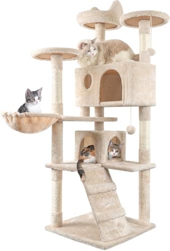 Image of HOMIDEC Cat Tree, 151cm Cat Scratching Post Stable Cat Tower for Indoor Kitty, Activity Centre Climbing Tree with 2 Kitten Houses, Hammock, 4 Sisal Posts, Ladder, and Rest Place