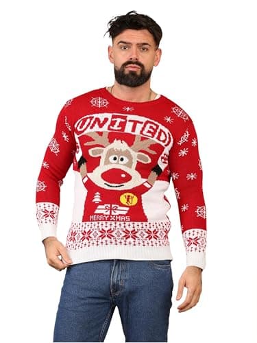 Image of kraftd Mens & Kids Christmas Jumper Acrylic Xmas Crew Neck Sweater | Festive Jumpers | Knitted Pullover | Winter Sweater | Boys Sweatshirt Red