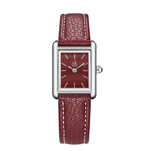 Image of SHENGKE Minimalist Vintage Square Watches for Women with Leather Strap (Red)