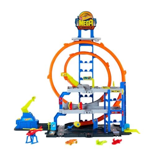 Image of Hot Wheels Toy Car Track Set with Die-Cast Car & Helicopter, 2 Loops, Storage for 37 1:64 Scale Vehicles, Speed Snap Adapters, Mega Loop Garage, JLC05