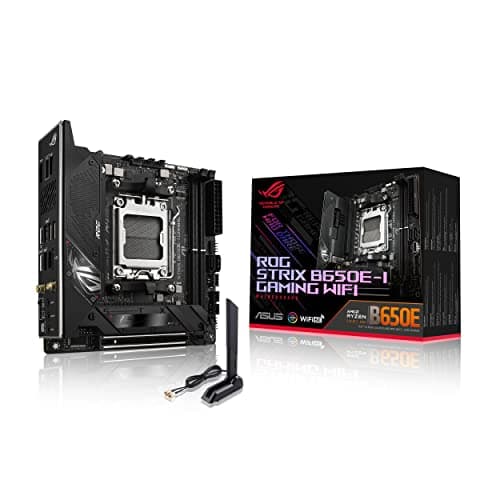 Image of ASUS ROG Strix B650E-I Gaming WiFi AMD Ryzen AM5 mini-ITX motherboard, 10 + 2 power stages, DDR5, two M.2 slots, PCIe 5.0, 2.5G LAN, WiFi 6E, USB 3.2 Gen 2x2 Type-C port, and Aura Sync RGB lighting