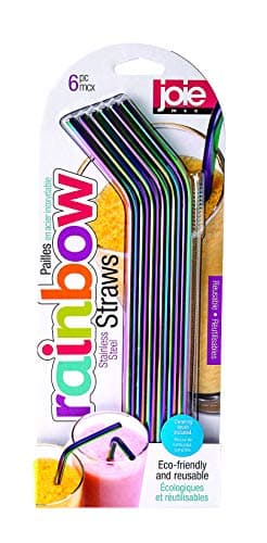 Image of Joie Reusable Iridescent Metal Straws – Set of 6 Stainless Steel Drinking Straws with Cleaning Brush, Eco-Friendly & Durable, Rainbow