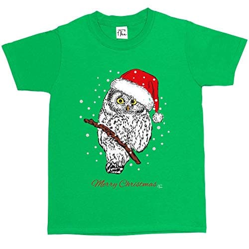 Image of 1Tee Girls Owl Merry Christmas Animal T-Shirt Green 3-4 Years