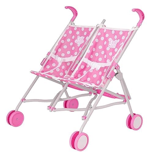 Image of Dolly Tots Twin Stroller | Pink Polka Dot Double Dolls Pram for Kids Age 2+ | Tandem Pushchair | Lightweight Umbrella Fold Buggy | Role Play Toy Stroller for Girls & Boys