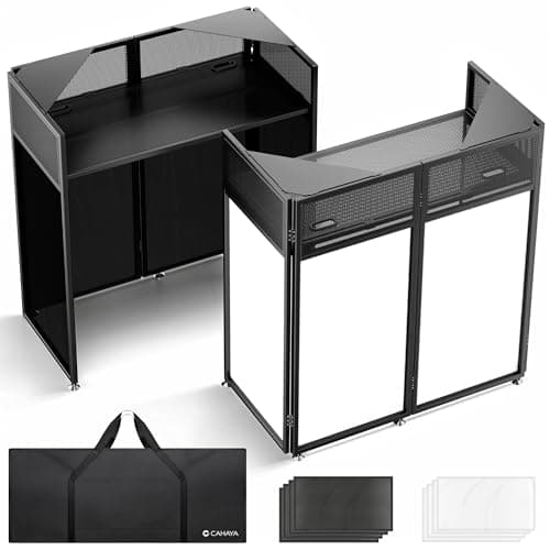 Image of CAHAYA DJ Booth Stand Portable - DJ Facade Booth with Double Top Corners Foldable DJ Stand with Black and White Lighting Scrims, Storage Bag, Cable Holes, 104 * 52 cm Convenient for Events Parties