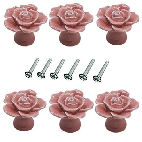 Image of 6 Pcs Rose Flower Shape 40mm Ceramic PullHandle, Cupboard Door Knobs, Wardrobe Cabinet Drawer Cupboard Kitchen Closet Box Bin Shutters Cabinets Knobs Handle Pull, Furniture Decorating Handles Knobs