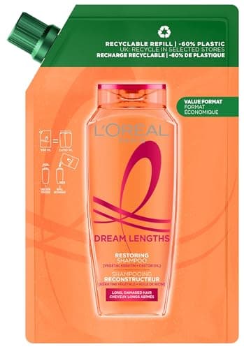 Image of L'Oréal Paris Elvive Dream Lengths Restoring Shampoo Recyclable Refill Pouch, with Vegetal Keratin & Castor Oil, for Long Hair, Suitable for all hair textures, -60% less plastic, Value format, 500ml