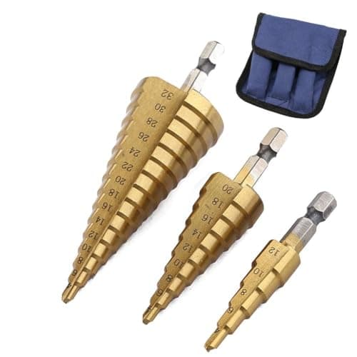 Image of Step Drill Bits, 3PCS Steel Step Drill Bits Set - (4-12mm, 4-20mm and 4-32 mm) Cone Drill Bits Hole Cutter for Wood, PVC and Plastic