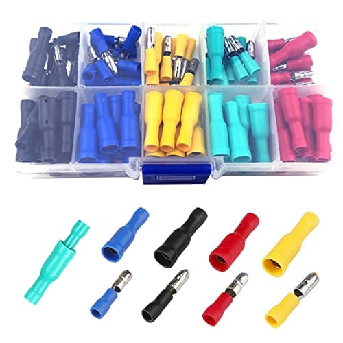 Image of Electrical Connectors, 100Pcs Insulated Male and Female Bullet Butt Connectors Electrical Crimps Connectors Straight Wire Terminal Connectors (Red, Yellow, Blue, Green, Black, 3 Different Sizes)