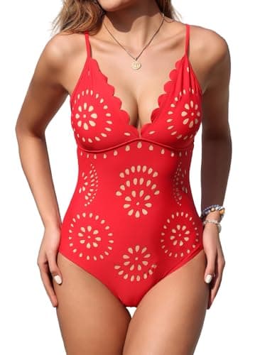 Image of Husmeu Swimsuit for Women One Piece Swimming Costume Women Ruched Padded Swimwear Openwork Floral Pattern Bohemian Style Plus Size Red L