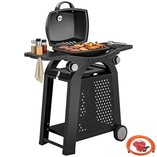Image of Outsunny 2 Burner Gas Grill with 2 Detachable Side Tables, 3.8 KW Steel Barbecue Grill with Cast Iron Grates, 2-in-1 Portable Tabletop BBQ with Wheels, Thermometer, Grease Tray, Hooks, Black