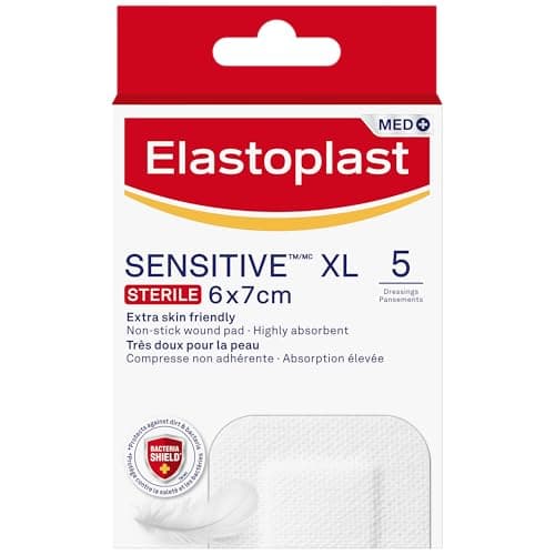 Image of Elastoplast Sensitive XL Med+ Dressings (5 Strips), Pack of First Aid Plasters, Large Everyday use for Post-Operative Wounds, Skin-Friendly Sterile Dressings for Wounds, 0% Latex, White