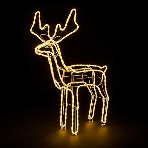 Image of Christow Christmas Reindeer Light Up Outdoor Decoration, Energy Efficient Warm White LED Rope Light, Garden Silhouette, Mains Powered (117cm x 96cm x 23cm)