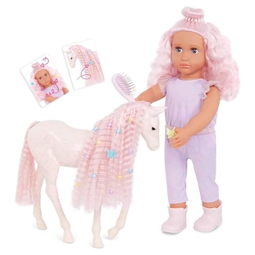Image of Our Generation - Elara & Lumina - 18-Inch Doll & Horse Foal Set - Matching Pink Hair - Grooming & Styling Accessories - Pretend Play - Toy for Kids 3 Years +