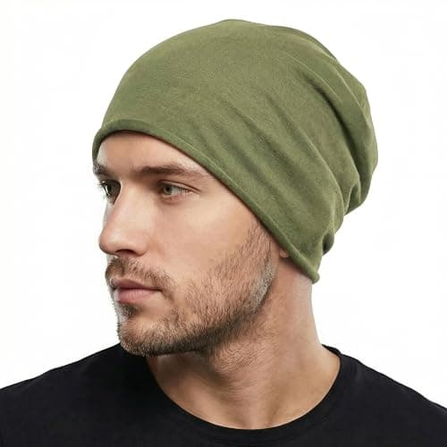 Image of ZLYC Men Cotton Thin Slouchy Beanie Hat Fashion Soft Stretch Knit Skull Cap(Solid Color Army Green),One Size
