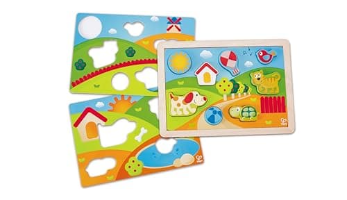 Image of Hape Sunny Valley 3-in-1 Puzzle – Wooden Multi-Level Puzzle with Interchangeable Scenes, 24M+