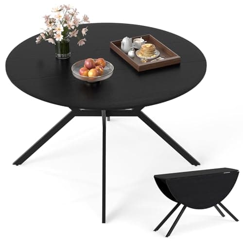 Image of COSTWAY Folding Dining Table for 4-6, 120cm Extendable Round Drop Leaf Table, Space Saving Metal Frame Dinner Table Furniture for Home Kitchen Dining Room Office (Black)