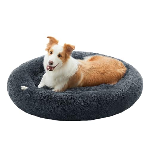 Image of Feandrea Dog Bed, Donut Cat Bed, Fluffy Calming Pet Bed with Removable, Washable Cover, Soft Long Plush, 100 cm, Dark Grey, PGW042G02