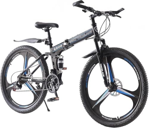 Image of LSBIKE 24 26 27.5In Foldable Mountain Bike Dual Suspension Hardtail Bicycle Men Women Mountain Bike 21 Speed Drivetrain Lightweight Frame Sport Cycling Bike for Adult (Black Blue, 24inch)