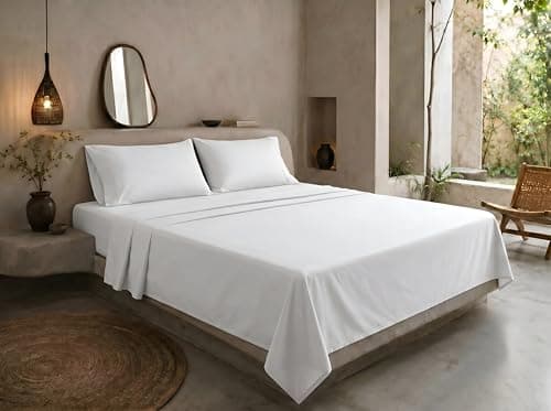 Image of Yorkshire Bedding King Size Flat Sheet 100% Egyptian Cotton Bed Sheets 200 Thread Count Breathable and Fade Resistant Hotel Quality White Bed Sheet (270 Cm x 298 Cm)