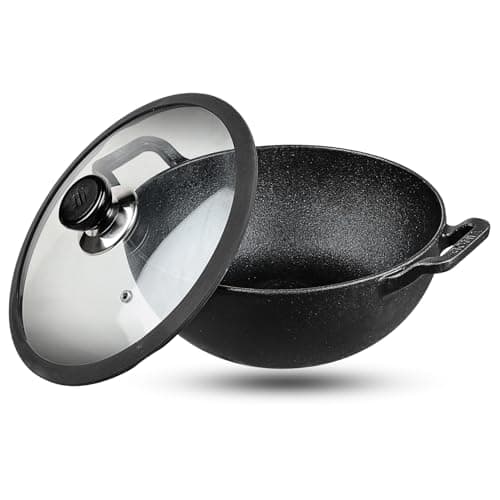Image of Vinod Legacy Pre-Seasoned Cast Iron Kadai with Glass Lid – 4.5 Qt, 26cm | Deep Frying Pan Wok for Cooking | Naturally Non-Stick Cookware | Induction & Gas Compatible | Safe Grip Handle | Black Finish