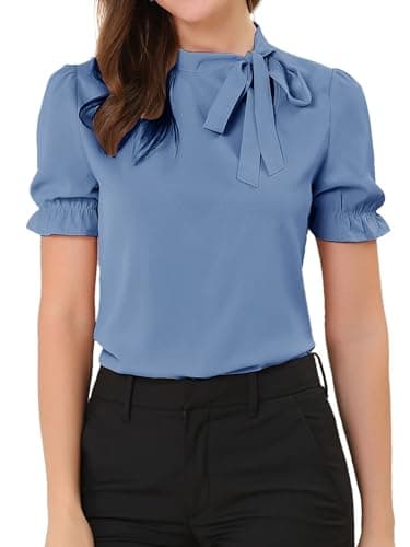 Image of Allegra K Women's Bow Tie Neck Tops Elegant Office Short Sleeve Blouse Blue 20