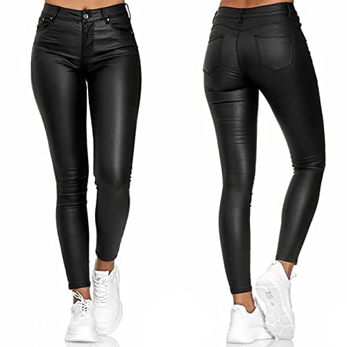 Image of Tight Leather Trousers Women UK Sale Clearance Wet Look Leggings Faux Leather Trousers High Waist Leather Leggings Club Party Outfits Going Out Retro Ladies Tights Trousers Stretch Tight PU Pants