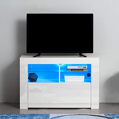 Image of Panana Modern TV Stand Unit Cabinet with LED Lights High Gloss Door TV Entertainment Cabinet with Storage Drawer and Shelves for Living Room (White)