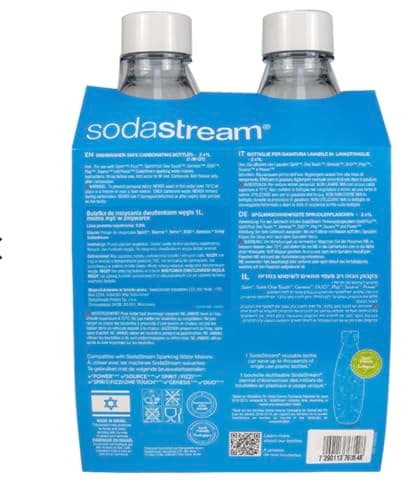 Image of SodaStream 1 Litre Slim Reusable Dishwasher Safe Water Bottles Pack of 2 for Spirit, Terra, Art and Source Sparkling Water Makers for SodaStream Flavours - 2x 1 Litre Water, White