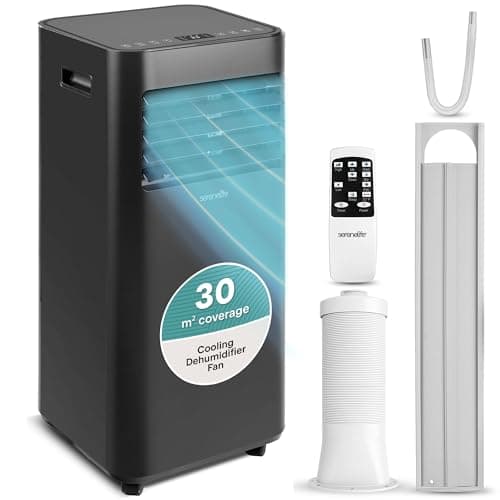 Image of SereneLife Portable Air Conditioner 9000 BTU, Compact AC Unit with Dehumidifier & Fan for Rooms up to 30 m², Energy Efficient Quiet Cooling with Remote, Window Kit, Black