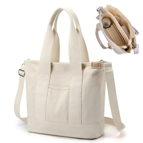 Image of Aucuu Multi-Pocket Tote Bag - Canvas Tote Bags for Women, Crossbody Bags with Adjustable Strap, Large Capacity Shoulder Bag with Zipper, Ladies Handbags for School, Work, Travel - White