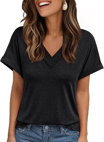 Image of ELFIN Womens Short Sleeve Tshirts Cross Collar Deep V Neck Casual Tops Cute Plain Basic Summer T-Shirt Outfit Black