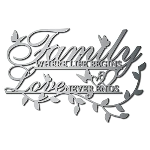 Image of CREATCABIN Family Where Life Begins Love Never Ends Word Sign Metal Wall Decor Home Family Wall Art Decorations for Living Room Bedroom Kitchen Indoor Outdoor Garden 11.8 x 7.9 Inch Silver