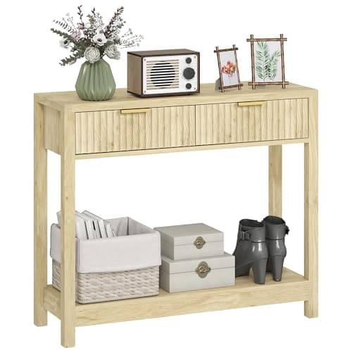 Image of HOMCOM Modern Console Table with Fluted Panel Drawers, Narrow Hallway Table with Shelf for Entryway, Living Room, 90 x 30 x 76 cm, Natural Wood Finish