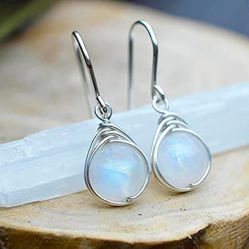 Image of Sdouefos Natural Moonstone 925 Sterling Silver Drop Dangle Earrings Dangle Hoop Earrings Moonstone Lapis Copper Turquoise Rose Quartz Onyx Earrings Dangle Style Sterling Silver for Women