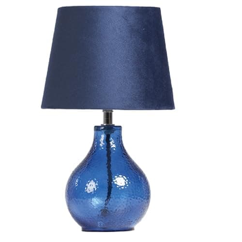 Image of Navy Blue Hammered Glass Modern Table Lamp with Navy Blue Velvet Shade | 30cm Height | in-Line Switch | UK Approved | Glass Urn Design