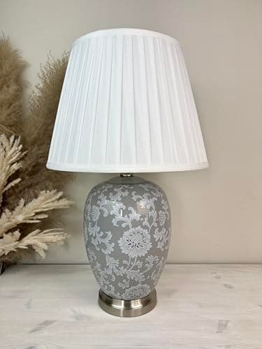 Image of DOWNTON INTERIORS Large Grey Chinese Oriental Ceramic Porcelain Table Lamp with White Floral Pattern (G2117) (White Pleated Shade)