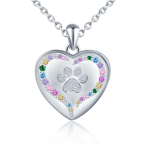 Image of MICSAVI Dog/Cat Paw Locket Necklace 925 Sterling Silver Paw Print Photo Picture Pendant Heart Locket with Cubic Zirconia in Variety Colours, Jewelry for Animal Lover Women Girls