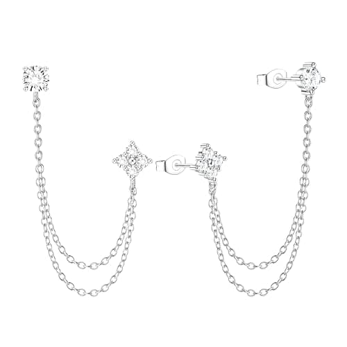 Image of ORAZIO Double Piercing Chain Stud Earrings for Women Girls, S925 Sterling Silver Tassel Chain Dangle Drop Earring Studs with Sparkling CZ 18K Gold Plated Minimalist Earring for Sensitive Ears