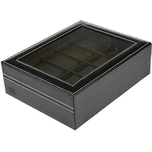 Image of H&S Glass Lid Faux Leather 10 Watch & Jewellery Storage Box – Black Display Case Organiser for Men's & Women's Watches
