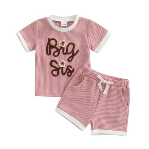 Image of Vioyavo Baby Girls Shorts Set Toddler Outfit Short Sleeve Sister Crew Neck Letters Flower T-shirt Shorts Summer Clothes (Pink Big Sis, 2-3T)