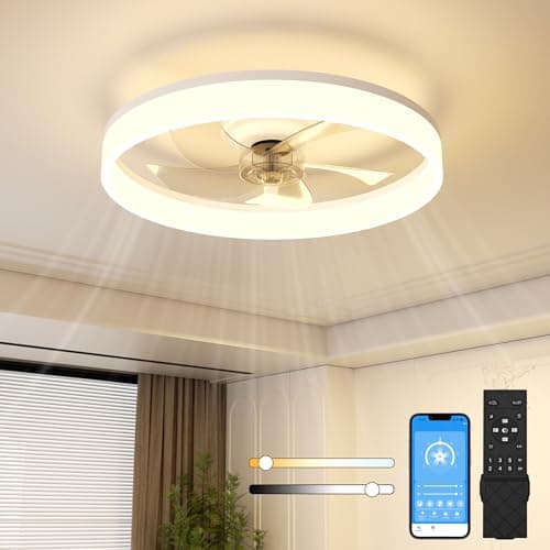 Image of NIORSUN 50CM LED Ceiling Light with Fan and Remote & APP Control, Flush Mount Ceiling Fan, Stepless 6 Speeds,Quiet Dimmable Ceiling Light for Living Room(White)