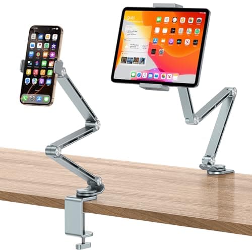 Image of OMOTON Aluminum Tablet Stand for Desk, 360° Rotatable Tablet Holder for iPad, Adjustable Overhead Phone Mount, Phone Stand for Bed with Stable Arm Fits for all iPhone/iPad Pro/Tablets up to 12", Grey