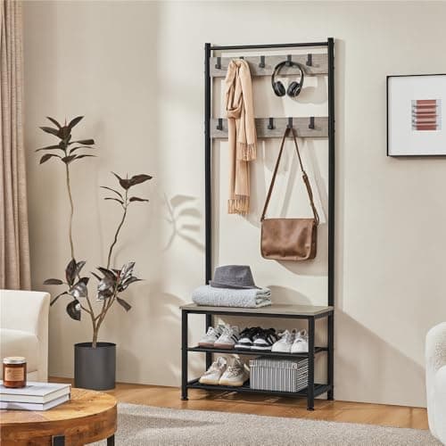 Image of Yaheetech Industrial Coat Rack Stand with Shoe Rack, Free Standing Hall Tree with Shoes Storage Bench, 9 Movable Hooks & 3-tier Open Shelves, Metal Frame,73x33x185cm, Grey