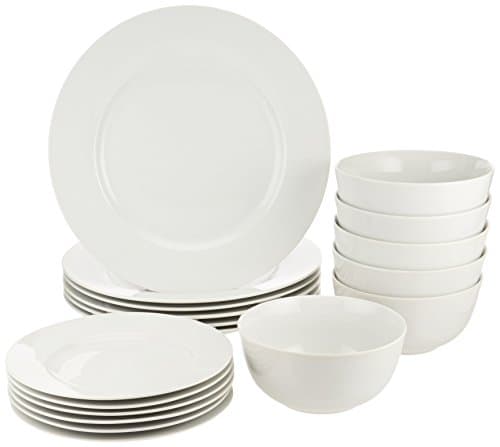Image of Amazon Basics 18-Piece Plates and Bowls Set, Porcelain Dinner Set for 6 People, Microwave Oven and Dishwasher Safe, White