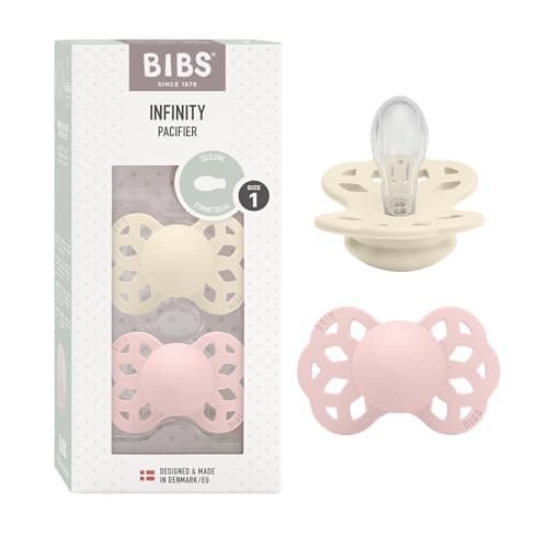 Image of BIBS Infinity Symmetrical Soother 2-Pack, BPA Free, Symmetrical Nipple, Silicone, Symmetrical Nipple. Silicone, Made in Denmark, Size 1 (0-6 Months), Ivory/Blossom