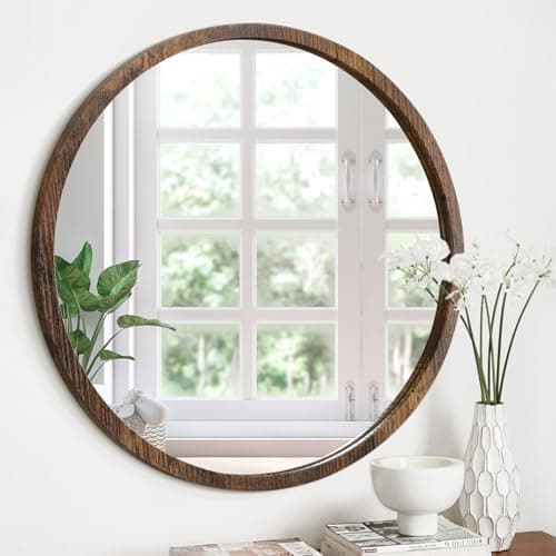 Image of JJUUYOU 40CM Round Circle Mirror Vintage Wood Frame Wall Mounted Mirror for Bathroom Living Room Bedroom Dormitory Washroom,Rustic Brown