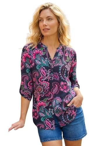Image of Roman Shirt for Women UK Ladies Top Collarless Blouse Stretchy Tunic Smart Casual Autumn Winter Jersey 3/4 Length Sleeve Notch V Neck Flattering Office Work - Paisley Pink - Size 14