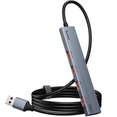 Image of Aceele USB Hub 𝟏𝟎𝐆𝐛𝐩𝐬 with 4 USB A Ports and Type-C Power Port, Data Transfer Splitter 3.2 Gen 2 with 4ft Extented Long Data Cable Extension for Laptop, Desktop PC, Xbox and Mac and More
